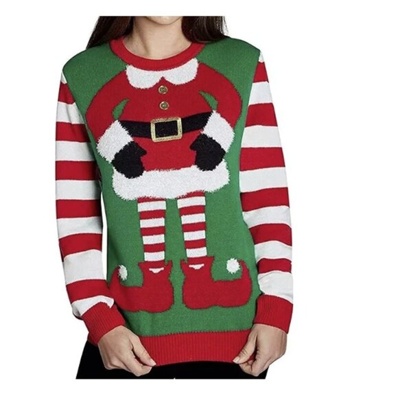 Christmas New UGLY Sweater Party To Be Jolly Mrs. Elf Pullover Knit Sweater - Picture 1 of 9